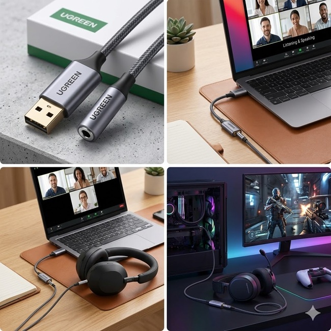 USB 2.0 Type-A Sang 3.5mm Hỗ Trợ Mic D&acirc;y D&ugrave; UGREEN 30757 D&agrave;i 25cm